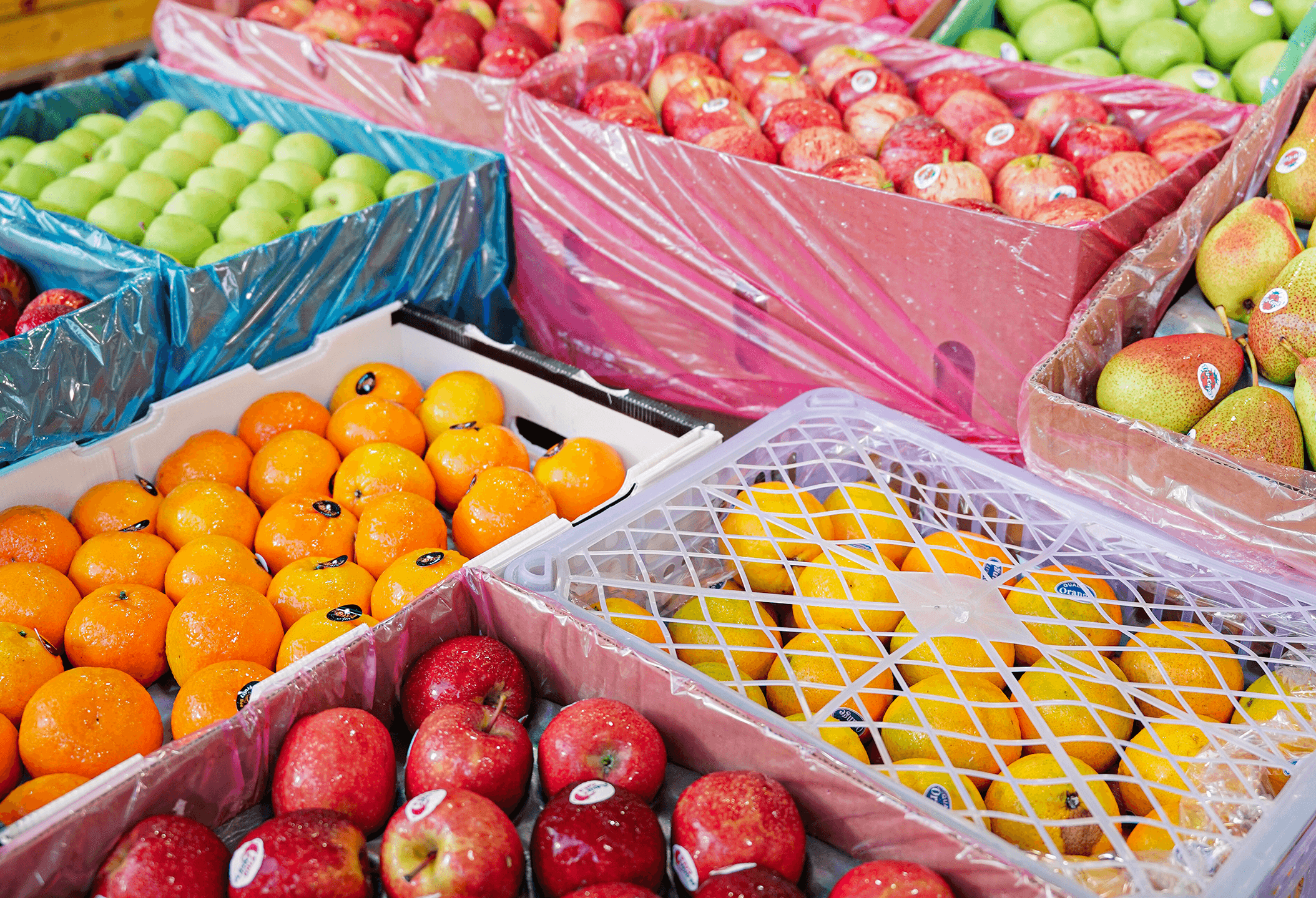 Crates of apples, oranges and pears arranged for market supply