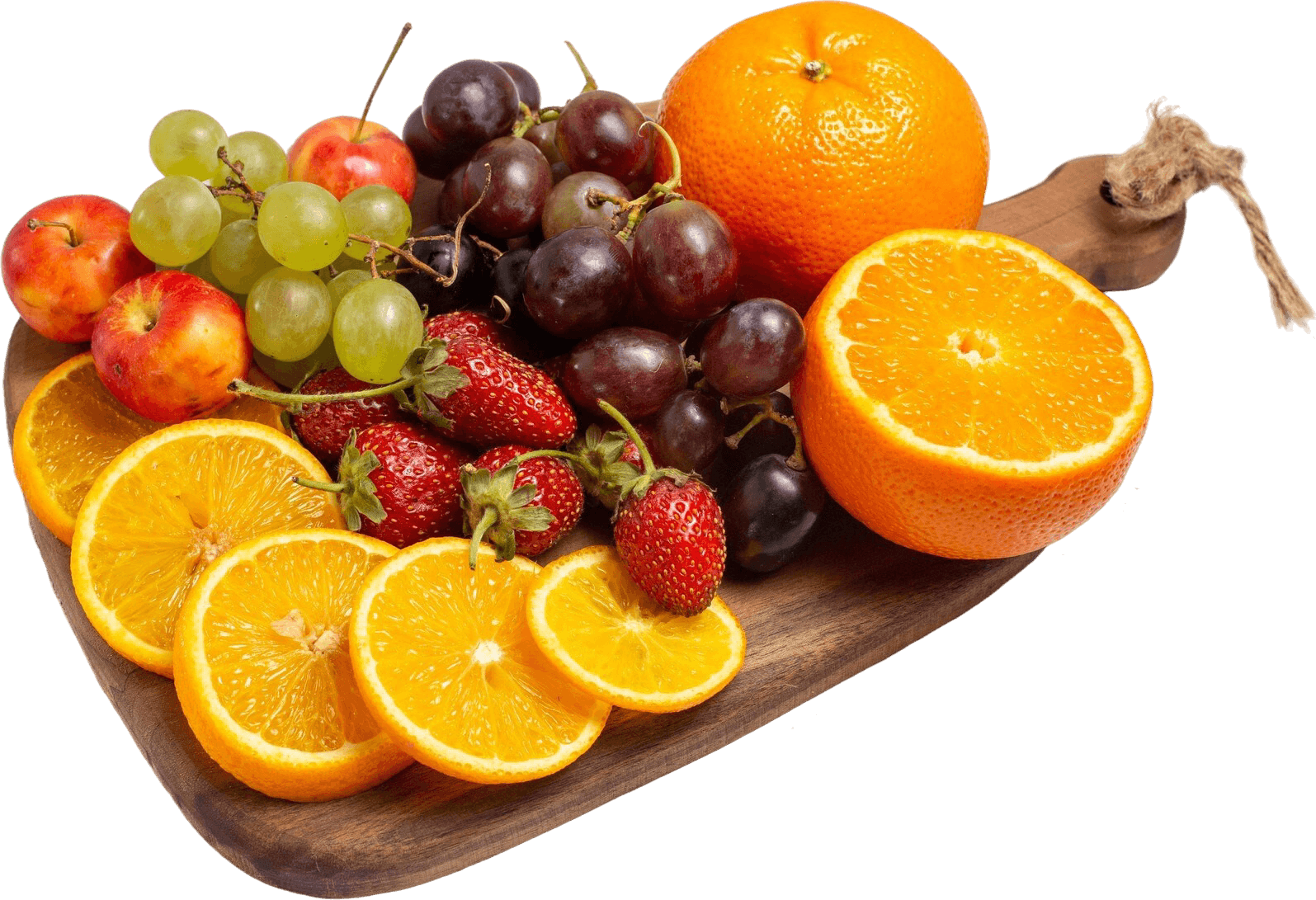 Wooden board with fresh oranges, grapes, apples and strawberries